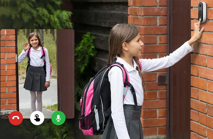 Kid pressing smart doorbell